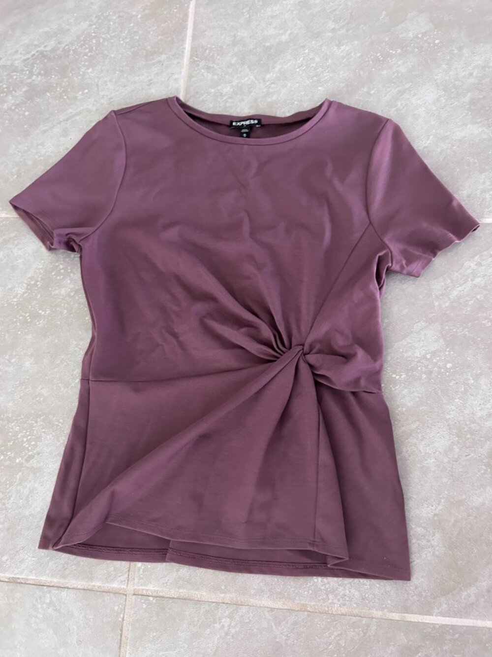 Express Plum Short Sleeve Medium Stretch Twist Knot Top